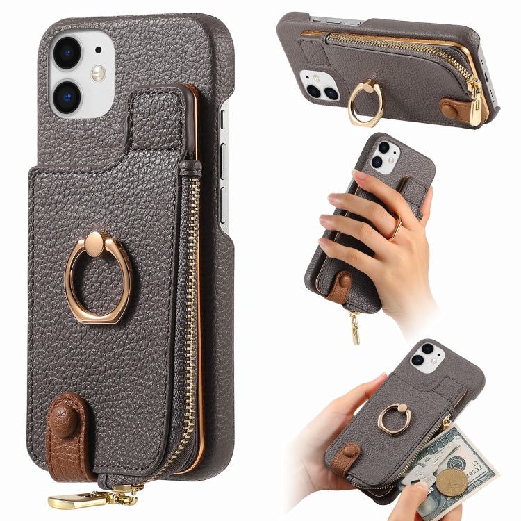 For iPhone 11 Litchi Leather Oil Edge Ring Zipper Wallet Back Phone Case(Grey) - iPhone 11 Cases by buy2fix | Online Shopping UK | buy2fix