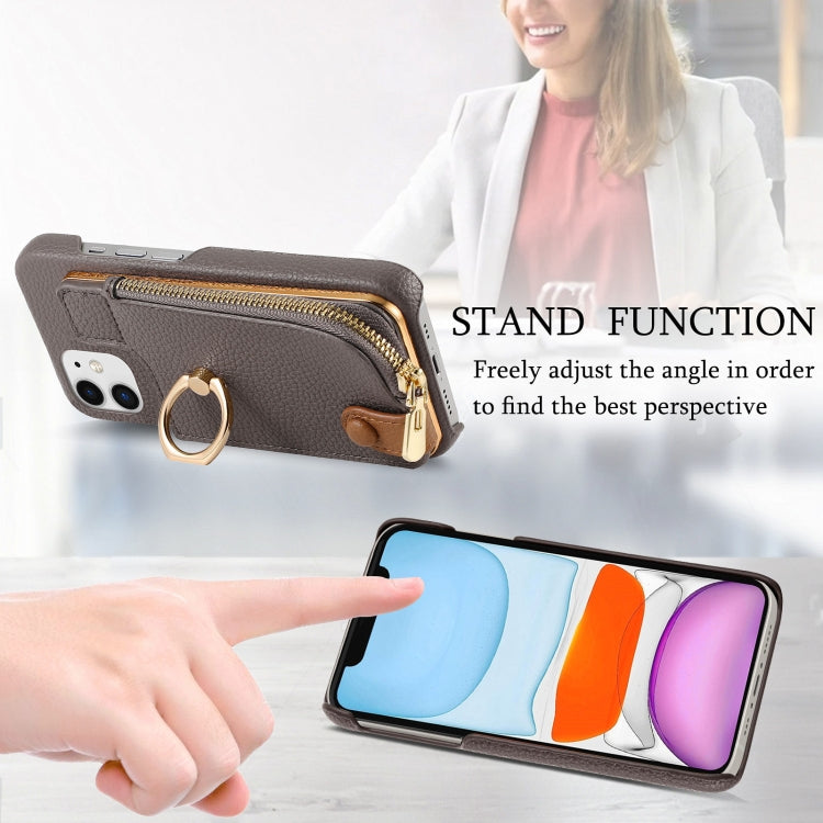 For iPhone 11 Litchi Leather Oil Edge Ring Zipper Wallet Back Phone Case(Grey) - iPhone 11 Cases by buy2fix | Online Shopping UK | buy2fix