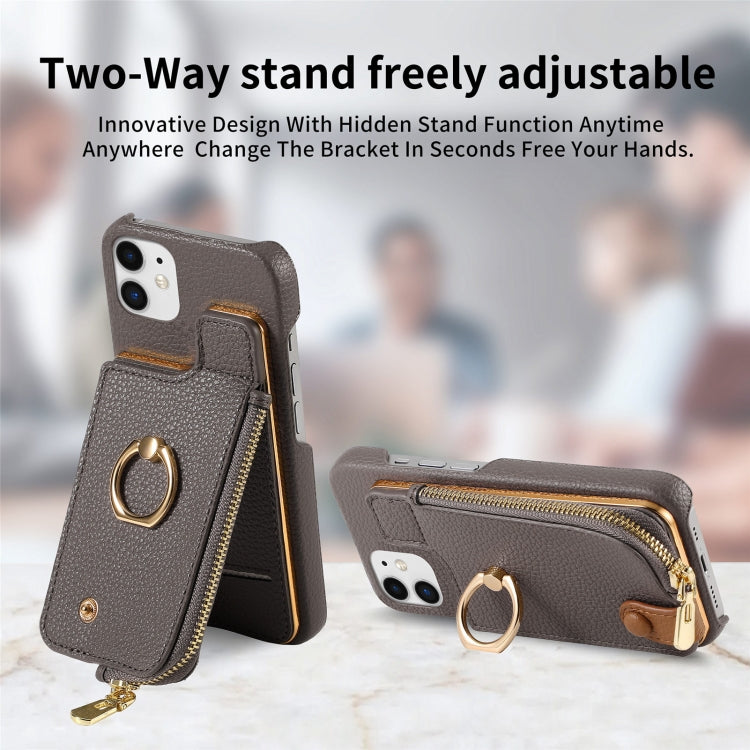 For iPhone 11 Litchi Leather Oil Edge Ring Zipper Wallet Back Phone Case(Grey) - iPhone 11 Cases by buy2fix | Online Shopping UK | buy2fix