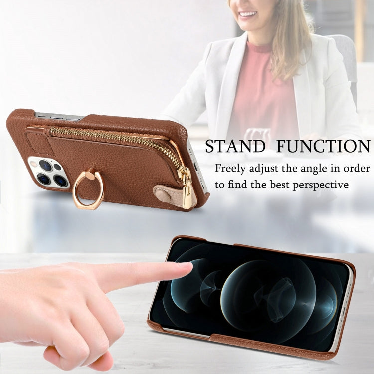 For iPhone 12 Pro Max Litchi Leather Oil Edge Ring Zipper Wallet Back Phone Case(Brown) - iPhone 12 Pro Max Cases by buy2fix | Online Shopping UK | buy2fix