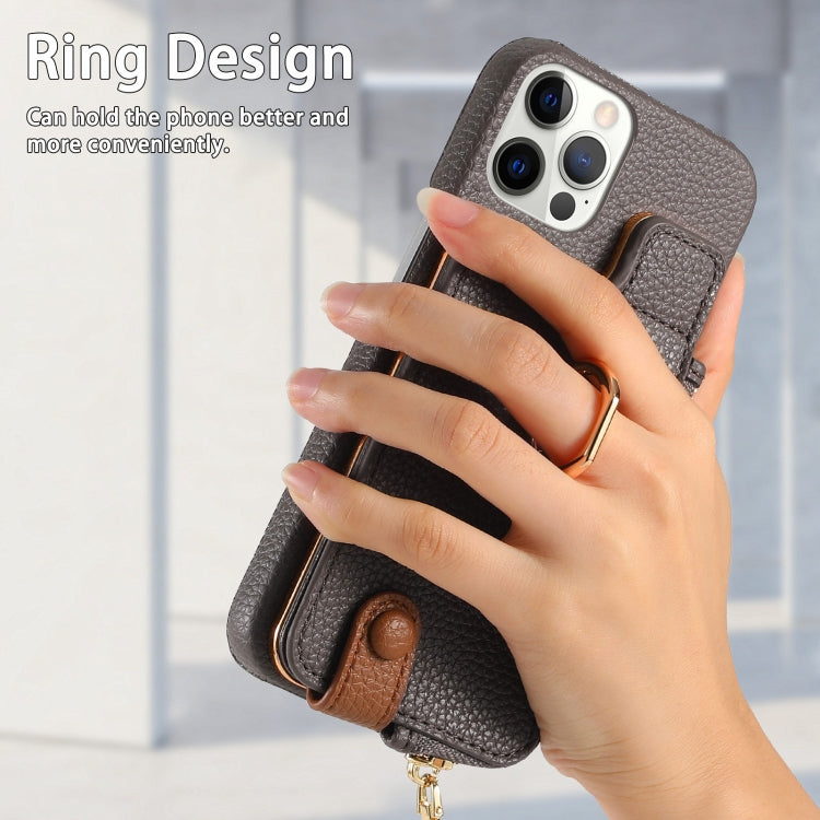 For iPhone 12 Pro Max Litchi Leather Oil Edge Ring Zipper Wallet Back Phone Case(Grey) - iPhone 12 Pro Max Cases by buy2fix | Online Shopping UK | buy2fix