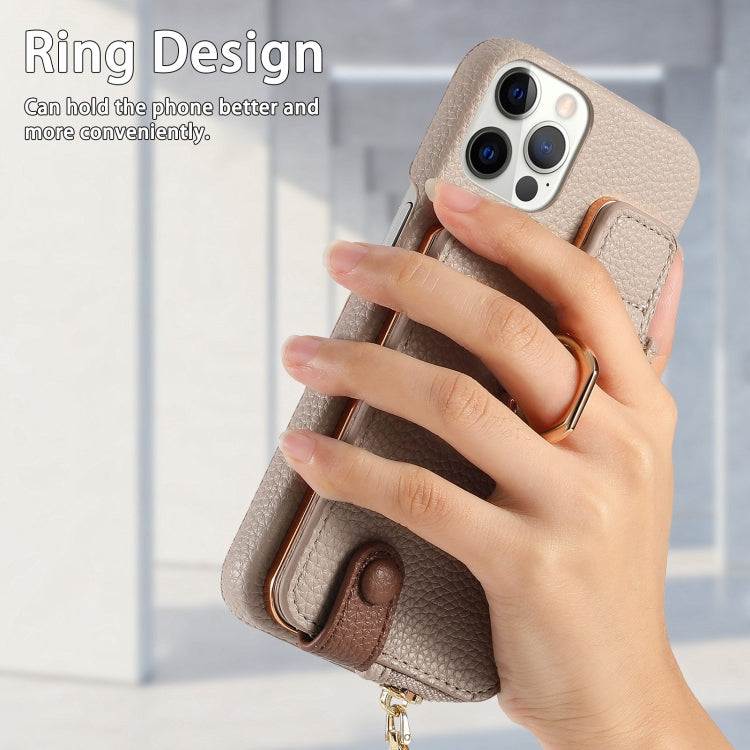For iPhone 12 Pro Max Litchi Leather Oil Edge Ring Zipper Wallet Back Phone Case(Khaki) - iPhone 12 Pro Max Cases by buy2fix | Online Shopping UK | buy2fix