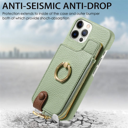 For iPhone 12 Pro Litchi Leather Oil Edge Ring Zipper Wallet Back Phone Case(Tea Green) - iPhone 12 / 12 Pro Cases by buy2fix | Online Shopping UK | buy2fix