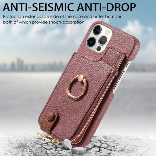 For iPhone 12 Pro Litchi Leather Oil Edge Ring Zipper Wallet Back Phone Case(Jujube Apricot) - iPhone 12 / 12 Pro Cases by buy2fix | Online Shopping UK | buy2fix