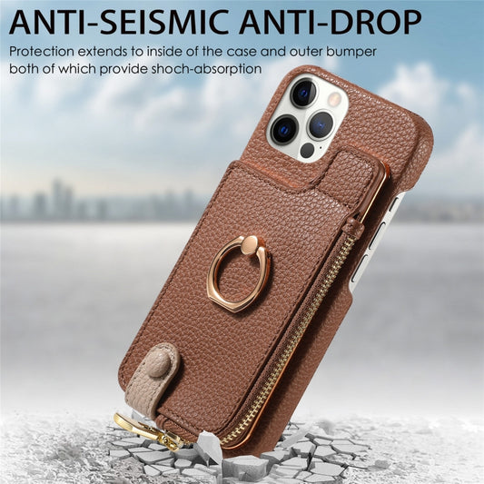For iPhone 12 Pro Litchi Leather Oil Edge Ring Zipper Wallet Back Phone Case(Brown) - iPhone 12 / 12 Pro Cases by buy2fix | Online Shopping UK | buy2fix