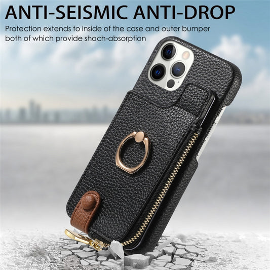 For iPhone 12 Pro Litchi Leather Oil Edge Ring Zipper Wallet Back Phone Case(Black) - iPhone 12 / 12 Pro Cases by buy2fix | Online Shopping UK | buy2fix