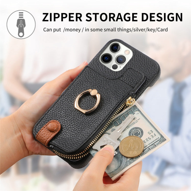 For iPhone 12 Pro Litchi Leather Oil Edge Ring Zipper Wallet Back Phone Case(Black) - iPhone 12 / 12 Pro Cases by buy2fix | Online Shopping UK | buy2fix