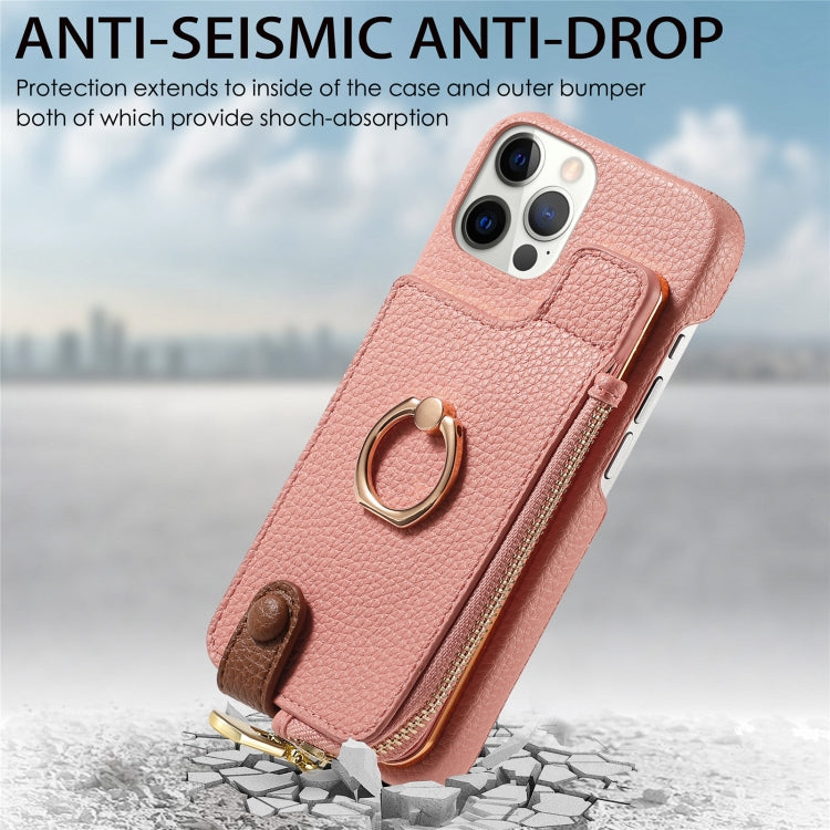For iPhone 12 Pro Litchi Leather Oil Edge Ring Zipper Wallet Back Phone Case(Pink) - iPhone 12 / 12 Pro Cases by buy2fix | Online Shopping UK | buy2fix