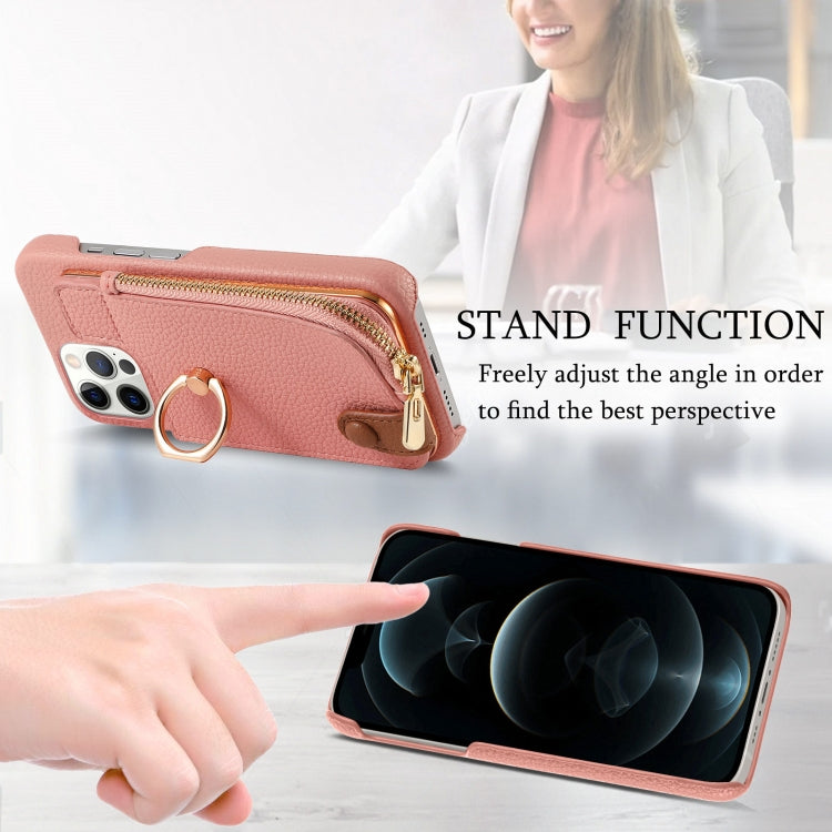 For iPhone 12 Pro Litchi Leather Oil Edge Ring Zipper Wallet Back Phone Case(Pink) - iPhone 12 / 12 Pro Cases by buy2fix | Online Shopping UK | buy2fix