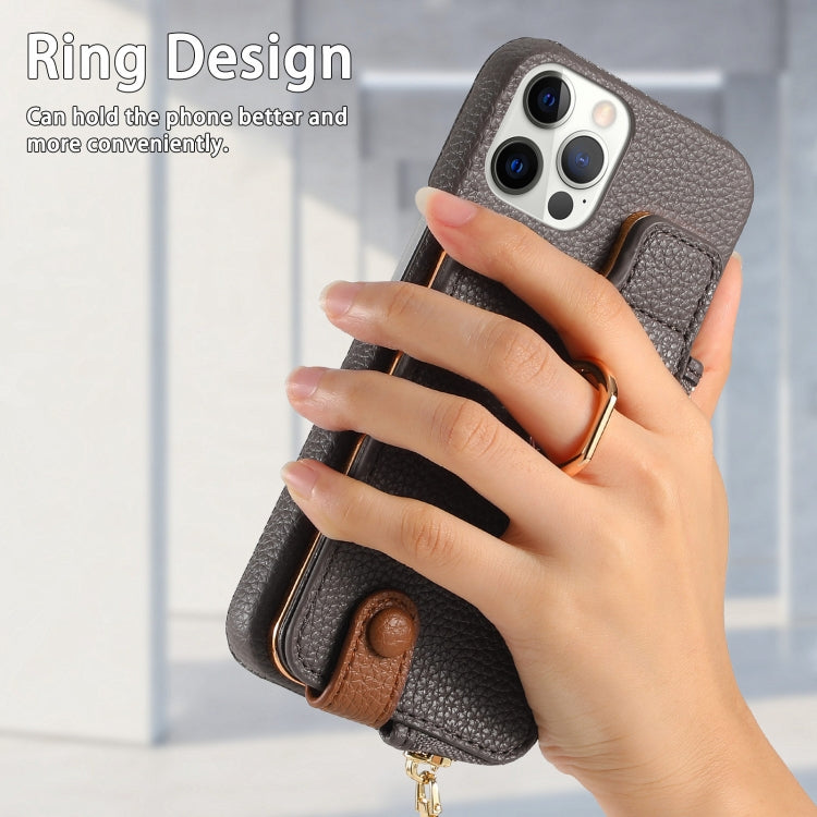 For iPhone 12 Pro Litchi Leather Oil Edge Ring Zipper Wallet Back Phone Case(Grey) - iPhone 12 / 12 Pro Cases by buy2fix | Online Shopping UK | buy2fix