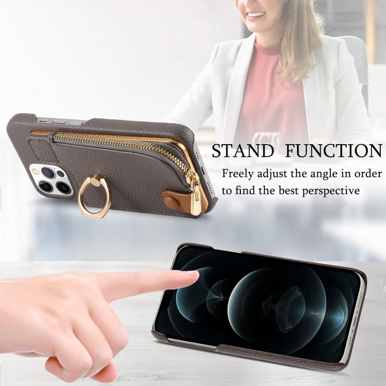 For iPhone 12 Pro Litchi Leather Oil Edge Ring Zipper Wallet Back Phone Case(Grey) - iPhone 12 / 12 Pro Cases by buy2fix | Online Shopping UK | buy2fix