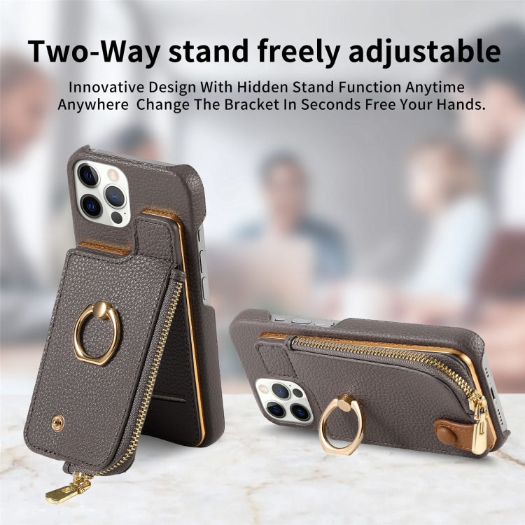 For iPhone 12 Pro Litchi Leather Oil Edge Ring Zipper Wallet Back Phone Case(Grey) - iPhone 12 / 12 Pro Cases by buy2fix | Online Shopping UK | buy2fix