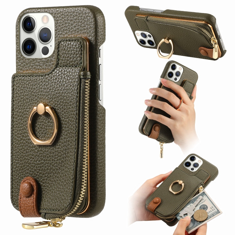 For iPhone 12 Pro Litchi Leather Oil Edge Ring Zipper Wallet Back Phone Case(Green) - iPhone 12 / 12 Pro Cases by buy2fix | Online Shopping UK | buy2fix
