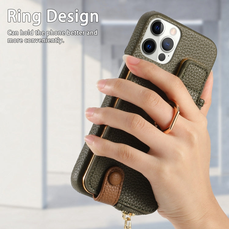 For iPhone 12 Pro Litchi Leather Oil Edge Ring Zipper Wallet Back Phone Case(Green) - iPhone 12 / 12 Pro Cases by buy2fix | Online Shopping UK | buy2fix