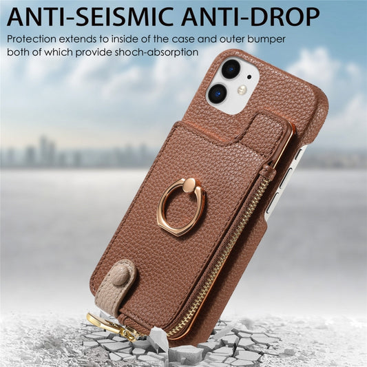 For iPhone 12 Litchi Leather Oil Edge Ring Zipper Wallet Back Phone Case(Brown) - iPhone 12 / 12 Pro Cases by buy2fix | Online Shopping UK | buy2fix