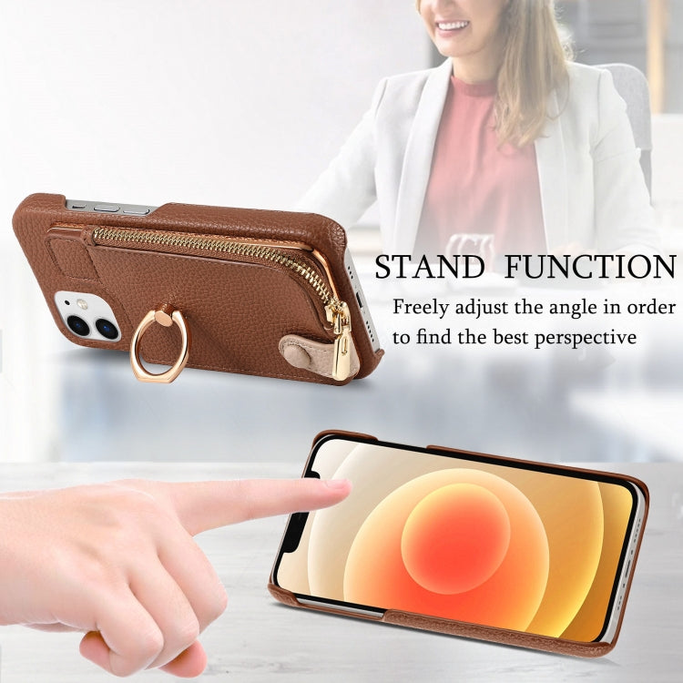 For iPhone 12 Litchi Leather Oil Edge Ring Zipper Wallet Back Phone Case(Brown) - iPhone 12 / 12 Pro Cases by buy2fix | Online Shopping UK | buy2fix