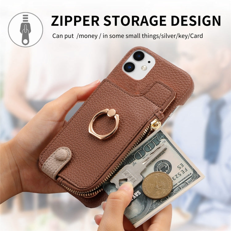 For iPhone 12 Litchi Leather Oil Edge Ring Zipper Wallet Back Phone Case(Brown) - iPhone 12 / 12 Pro Cases by buy2fix | Online Shopping UK | buy2fix