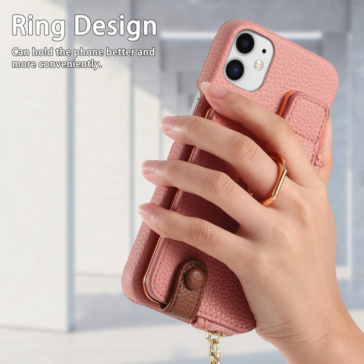 For iPhone 12 Litchi Leather Oil Edge Ring Zipper Wallet Back Phone Case(Pink) - iPhone 12 / 12 Pro Cases by buy2fix | Online Shopping UK | buy2fix