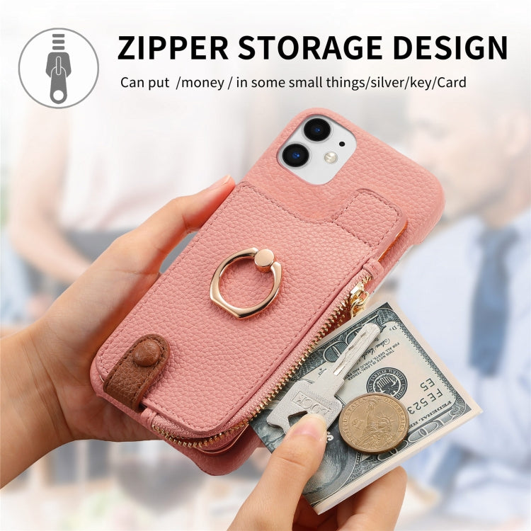 For iPhone 12 Litchi Leather Oil Edge Ring Zipper Wallet Back Phone Case(Pink) - iPhone 12 / 12 Pro Cases by buy2fix | Online Shopping UK | buy2fix