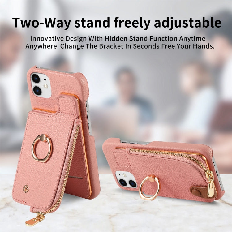 For iPhone 12 Litchi Leather Oil Edge Ring Zipper Wallet Back Phone Case(Pink) - iPhone 12 / 12 Pro Cases by buy2fix | Online Shopping UK | buy2fix