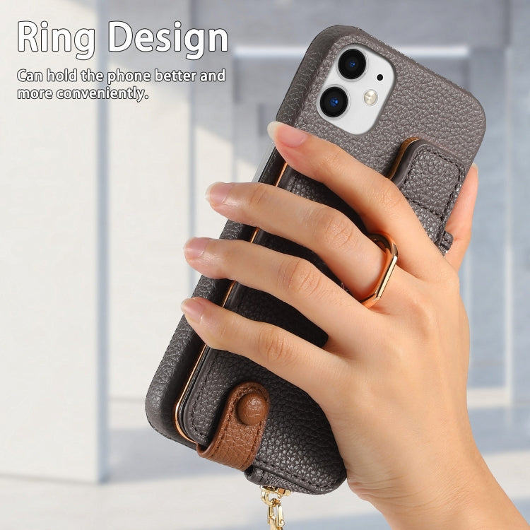 For iPhone 12 Litchi Leather Oil Edge Ring Zipper Wallet Back Phone Case(Grey) - iPhone 12 / 12 Pro Cases by buy2fix | Online Shopping UK | buy2fix