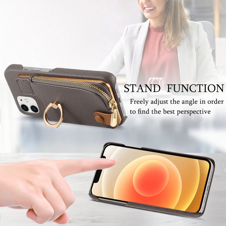 For iPhone 12 Litchi Leather Oil Edge Ring Zipper Wallet Back Phone Case(Grey) - iPhone 12 / 12 Pro Cases by buy2fix | Online Shopping UK | buy2fix