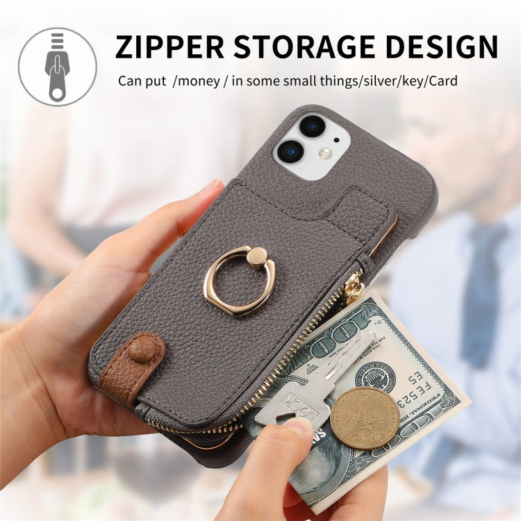 For iPhone 12 Litchi Leather Oil Edge Ring Zipper Wallet Back Phone Case(Grey) - iPhone 12 / 12 Pro Cases by buy2fix | Online Shopping UK | buy2fix