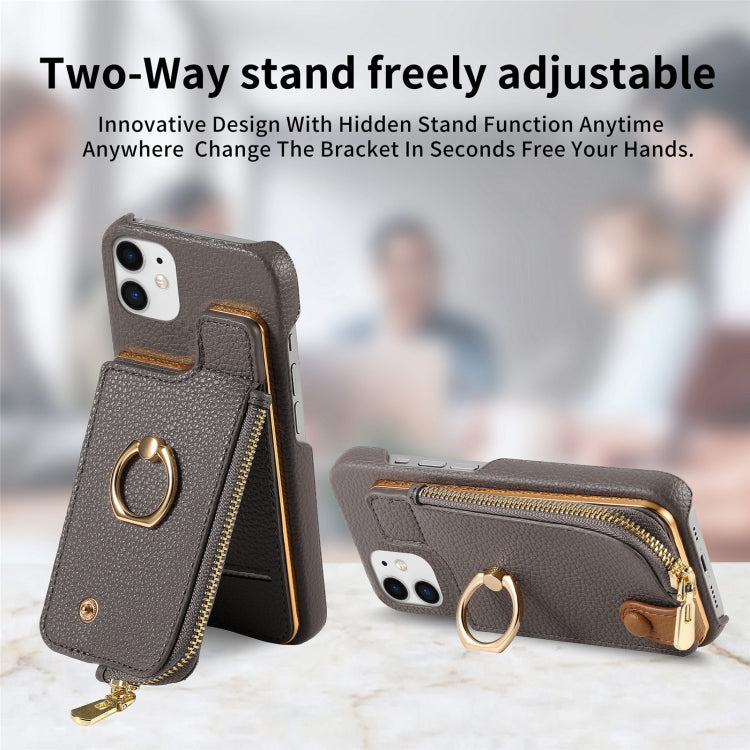 For iPhone 12 Litchi Leather Oil Edge Ring Zipper Wallet Back Phone Case(Grey) - iPhone 12 / 12 Pro Cases by buy2fix | Online Shopping UK | buy2fix