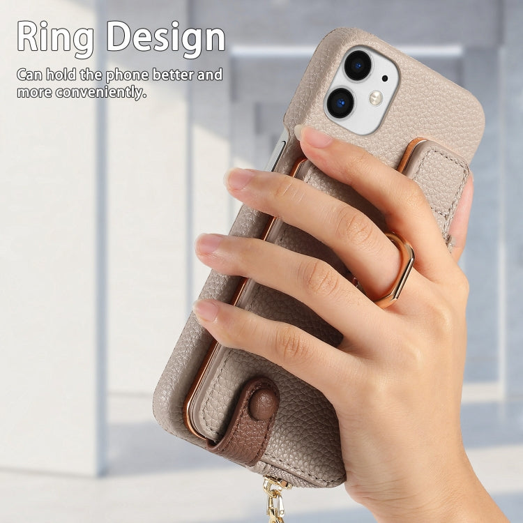 For iPhone 12 Litchi Leather Oil Edge Ring Zipper Wallet Back Phone Case(Khaki) - iPhone 12 / 12 Pro Cases by buy2fix | Online Shopping UK | buy2fix