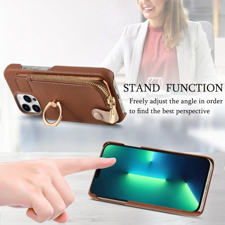 For iPhone 13 Pro Max Litchi Leather Oil Edge Ring Zipper Wallet Back Phone Case(Brown) - iPhone 13 Pro Max Cases by buy2fix | Online Shopping UK | buy2fix