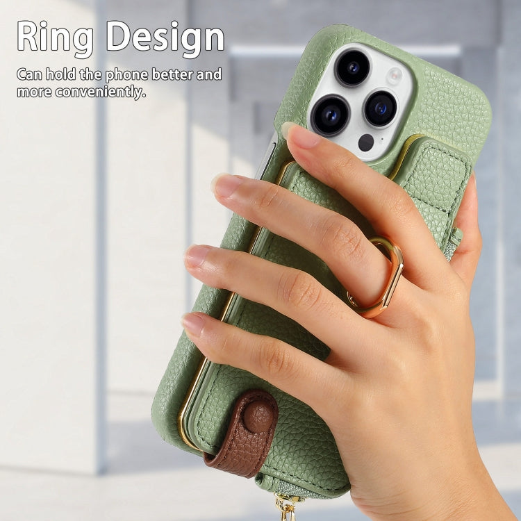 For iPhone 13 Pro Litchi Leather Oil Edge Ring Zipper Wallet Back Phone Case(Tea Green) - iPhone 13 Pro Cases by buy2fix | Online Shopping UK | buy2fix