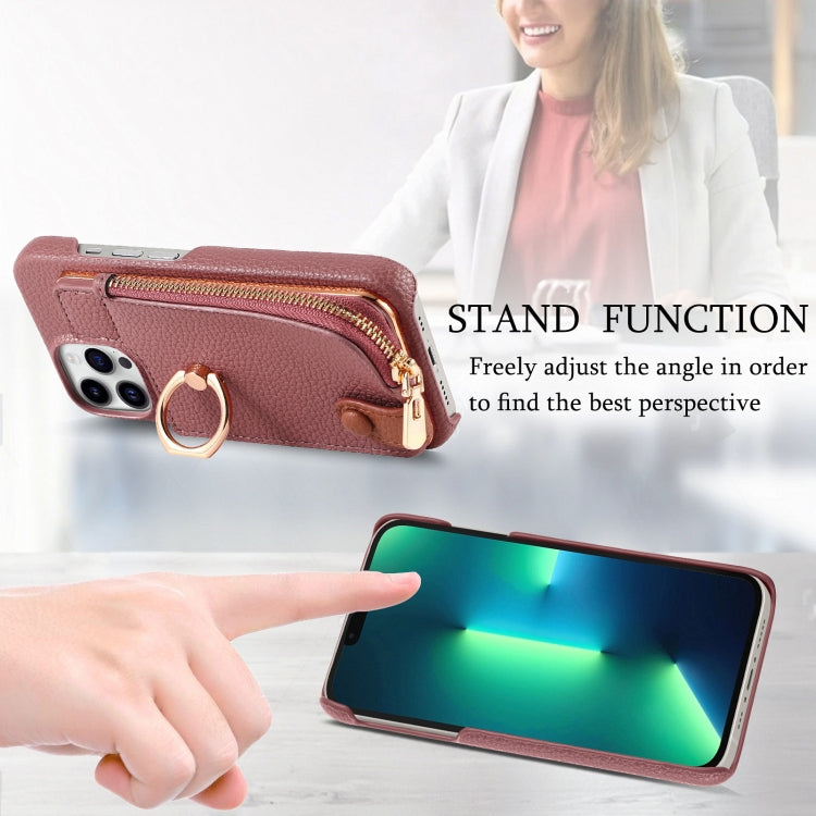 For iPhone 13 Pro Litchi Leather Oil Edge Ring Zipper Wallet Back Phone Case(Jujube Apricot) - iPhone 13 Pro Cases by buy2fix | Online Shopping UK | buy2fix