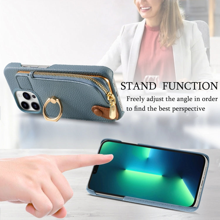 For iPhone 13 Pro Litchi Leather Oil Edge Ring Zipper Wallet Back Phone Case(Light Blue) - iPhone 13 Pro Cases by buy2fix | Online Shopping UK | buy2fix