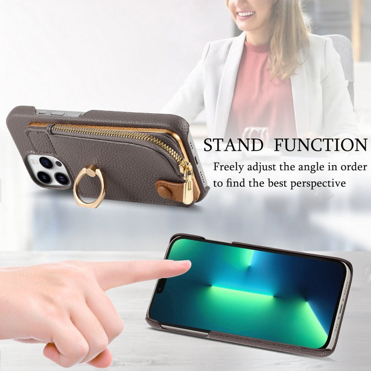 For iPhone 13 Pro Litchi Leather Oil Edge Ring Zipper Wallet Back Phone Case(Grey) - iPhone 13 Pro Cases by buy2fix | Online Shopping UK | buy2fix