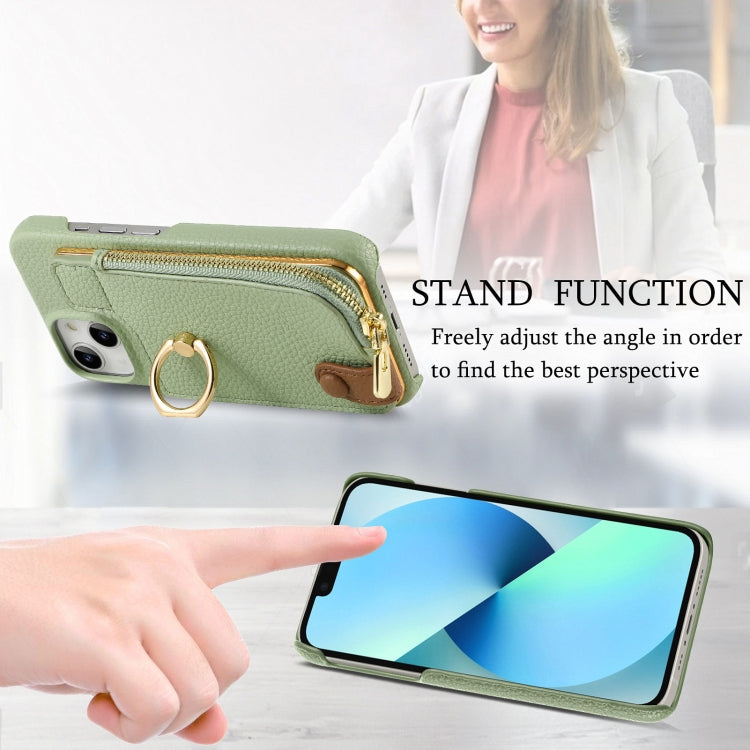 For iPhone 13 Litchi Leather Oil Edge Ring Zipper Wallet Back Phone Case(Tea Green) - iPhone 13 Cases by buy2fix | Online Shopping UK | buy2fix