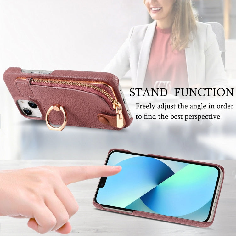 For iPhone 13 Litchi Leather Oil Edge Ring Zipper Wallet Back Phone Case(Jujube Apricot) - iPhone 13 Cases by buy2fix | Online Shopping UK | buy2fix