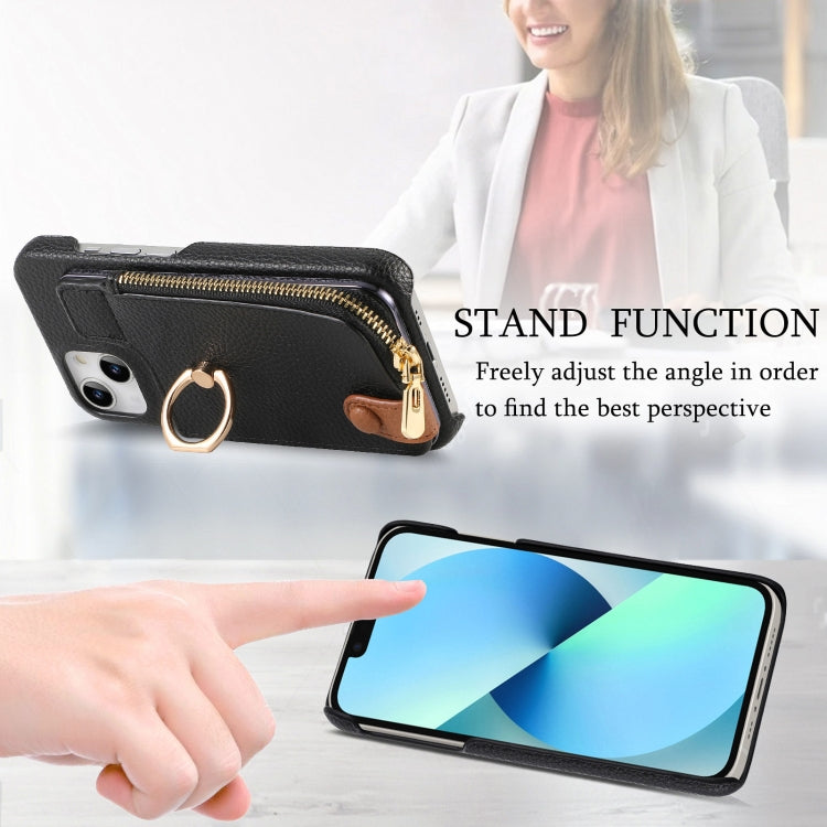 For iPhone 13 Litchi Leather Oil Edge Ring Zipper Wallet Back Phone Case(Black) - iPhone 13 Cases by buy2fix | Online Shopping UK | buy2fix