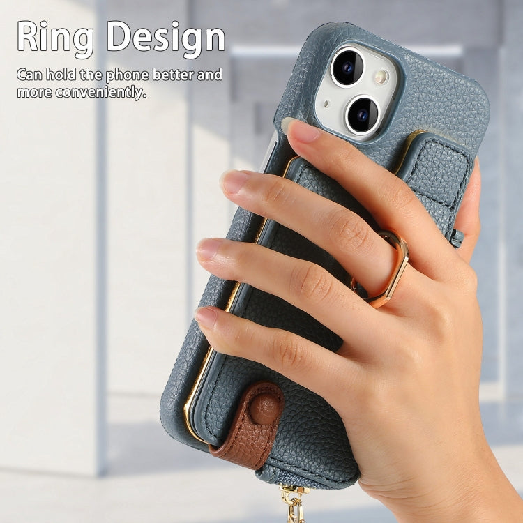 For iPhone 13 Litchi Leather Oil Edge Ring Zipper Wallet Back Phone Case(Light Blue) - iPhone 13 Cases by buy2fix | Online Shopping UK | buy2fix