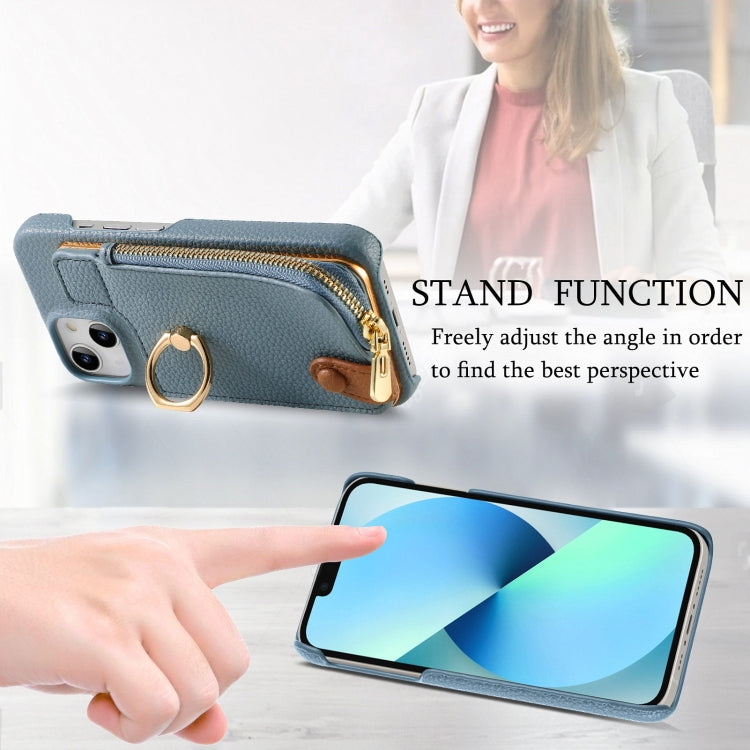 For iPhone 13 Litchi Leather Oil Edge Ring Zipper Wallet Back Phone Case(Light Blue) - iPhone 13 Cases by buy2fix | Online Shopping UK | buy2fix