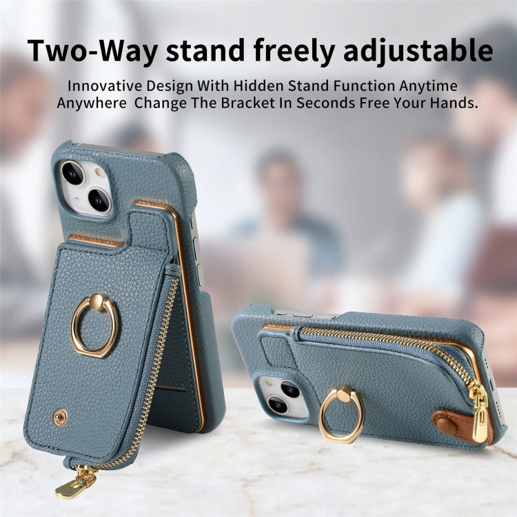 For iPhone 13 Litchi Leather Oil Edge Ring Zipper Wallet Back Phone Case(Light Blue) - iPhone 13 Cases by buy2fix | Online Shopping UK | buy2fix