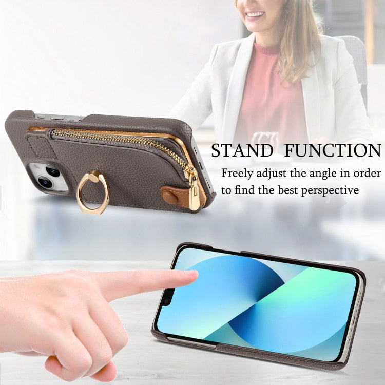 For iPhone 13 Litchi Leather Oil Edge Ring Zipper Wallet Back Phone Case(Grey) - iPhone 13 Cases by buy2fix | Online Shopping UK | buy2fix