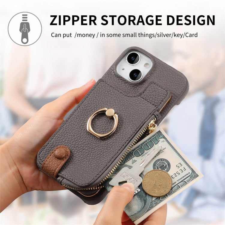 For iPhone 13 Litchi Leather Oil Edge Ring Zipper Wallet Back Phone Case(Grey) - iPhone 13 Cases by buy2fix | Online Shopping UK | buy2fix
