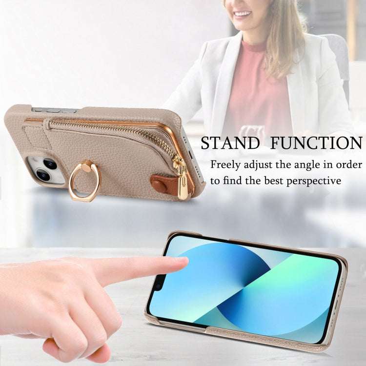 For iPhone 13 Litchi Leather Oil Edge Ring Zipper Wallet Back Phone Case(Khaki) - iPhone 13 Cases by buy2fix | Online Shopping UK | buy2fix