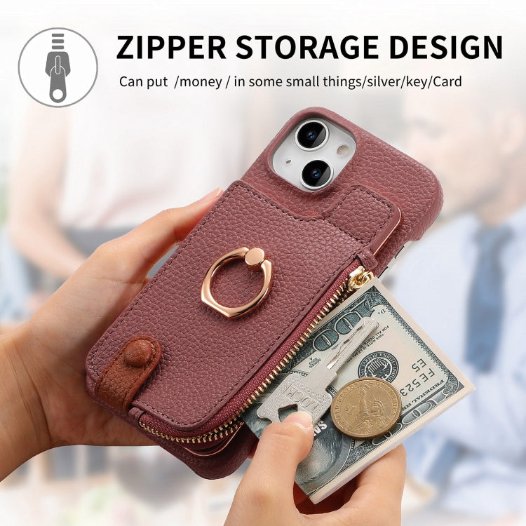 For iPhone 14 Plus Litchi Leather Oil Edge Ring Zipper Wallet Back Phone Case(Jujube Apricot) - iPhone 14 Plus Cases by buy2fix | Online Shopping UK | buy2fix