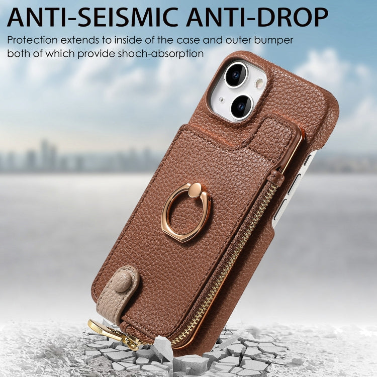 For iPhone 14 Plus Litchi Leather Oil Edge Ring Zipper Wallet Back Phone Case(Brown) - iPhone 14 Plus Cases by buy2fix | Online Shopping UK | buy2fix