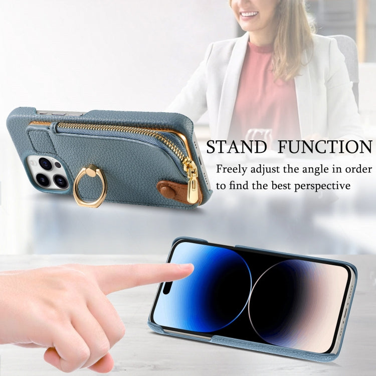 For iPhone 14 Pro Max Litchi Leather Oil Edge Ring Zipper Wallet Back Phone Case(Light Blue) - iPhone 14 Pro Max Cases by buy2fix | Online Shopping UK | buy2fix