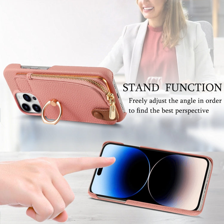For iPhone 14 Pro Max Litchi Leather Oil Edge Ring Zipper Wallet Back Phone Case(Pink) - iPhone 14 Pro Max Cases by buy2fix | Online Shopping UK | buy2fix
