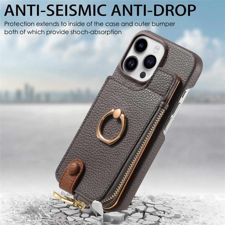 For iPhone 14 Pro Max Litchi Leather Oil Edge Ring Zipper Wallet Back Phone Case(Grey) - iPhone 14 Pro Max Cases by buy2fix | Online Shopping UK | buy2fix