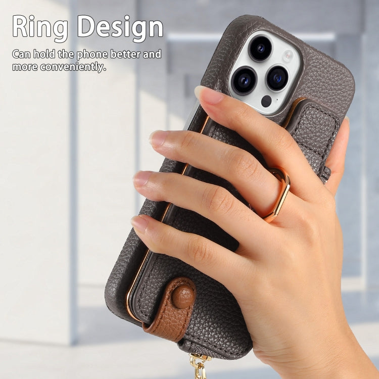 For iPhone 14 Pro Max Litchi Leather Oil Edge Ring Zipper Wallet Back Phone Case(Grey) - iPhone 14 Pro Max Cases by buy2fix | Online Shopping UK | buy2fix