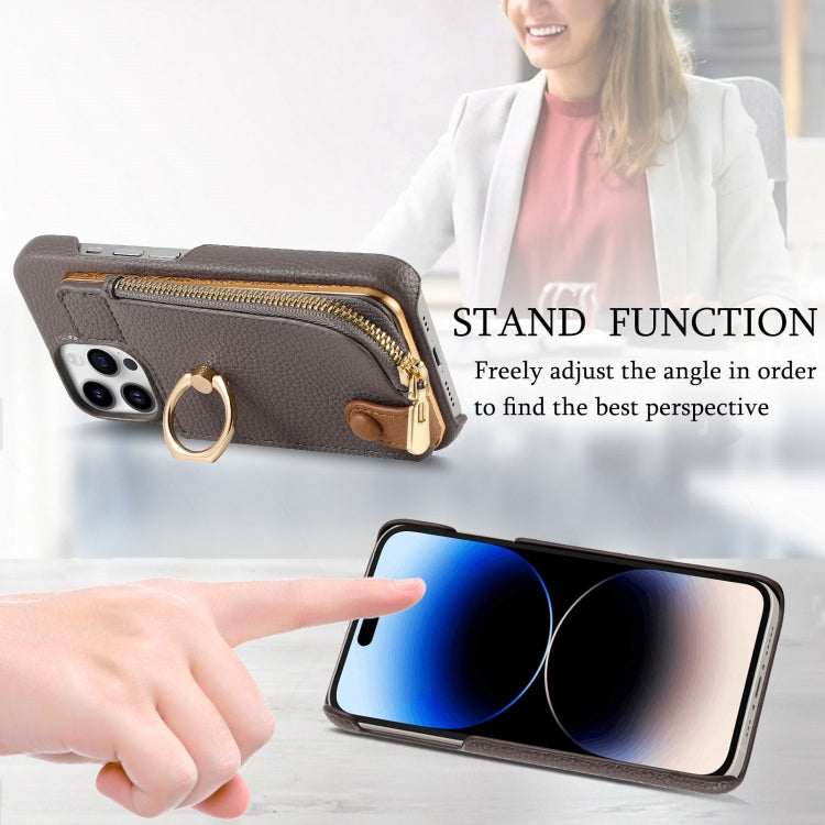 For iPhone 14 Pro Max Litchi Leather Oil Edge Ring Zipper Wallet Back Phone Case(Grey) - iPhone 14 Pro Max Cases by buy2fix | Online Shopping UK | buy2fix
